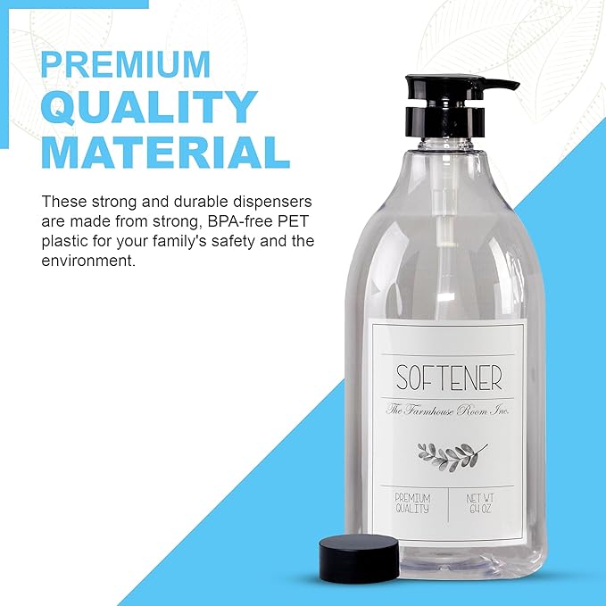 Fabric Softener Liquid Dispenser - Softener Container for Laundry Room Organization - BPA Free & PET Plastic 1/2 Gallon Pump Bottle Dispenser - w/Waterproof Labels 64oz