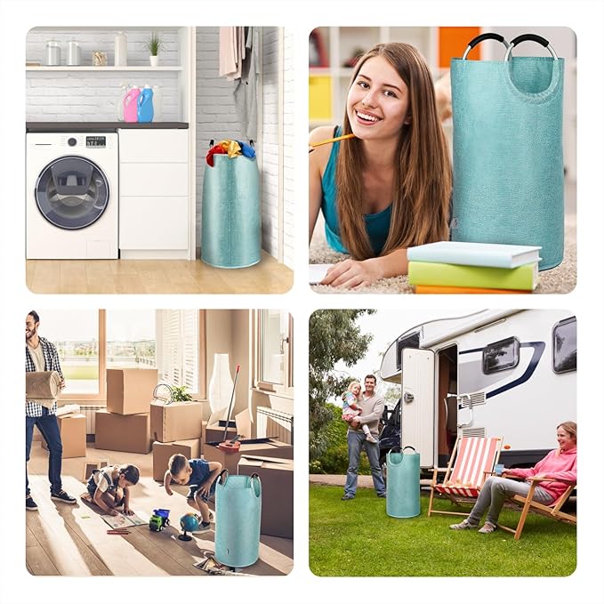Medium Laundry Hamper Bag, 82L Collapsible Tall Laundry Basket, Double Layer Fabric, Full-Ring Aluminum Handles, Stands Upright, Heavy Duty Clothes Hamper for Bedroom Dorm, Light Blue