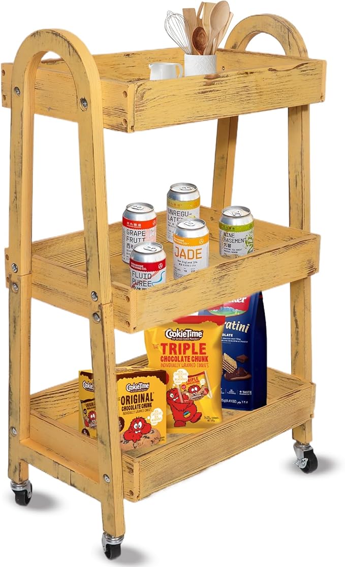 3-Tier Wooden Rolling Cart- Wooden Utility Cart wit Wheels- Utility Rolling Cart-Storage Trolley Organizer- Rolling Kitchen Serving Cart for Office,Kitchen, Kids' Room (Retro Yellow)