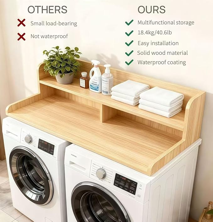 2-Tier Washer and Dryer Countertop, 54" W x 27.6" D Laundry Room Organization,Washer Dryer Topper Storage for Folding Clothes Over Washer and Dryer-Oak