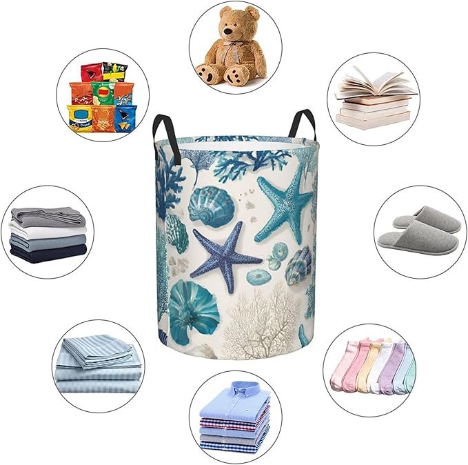 Coastal Ocean Theme with Starfish Design Laundry Hamper, White Blue, Oxford Cloth Storage Basket, Large 19.6x15.7 Inch