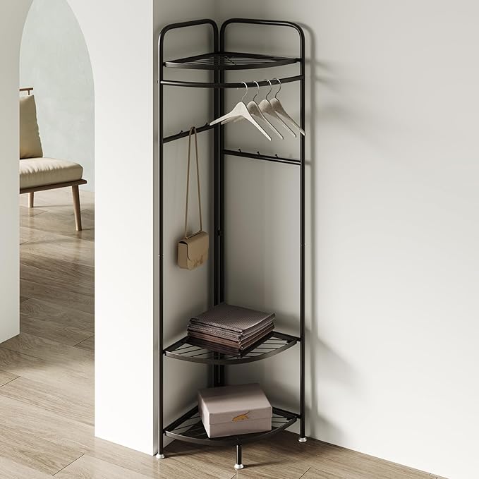 corner coat rack,corner clothing rack with 6 hooks and storage shelf,metal clothes rack coat stand for Entryway, Bedroom