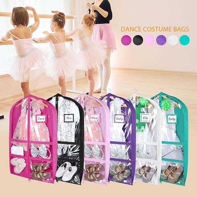 Syeeiex 3" Gusseted Dance Costume Garment Bag(5 Pack), 40'' Dance Garment Bags for Dancers with 4 Zipper Pocket & Can Hold 1-3 Dance Costumes - Suitable for Dance Competitions,Ballet(Rose Red)