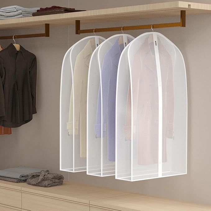 Zilink Breathable Garment Bags for Leather Coat 40” Suit Bags for Closet Storage Silky Suit Dust Covers for Hanging Clothes with 7" Gussted Wrinkle Free for Leather Clothing, Fur Coat, White, Set of 4