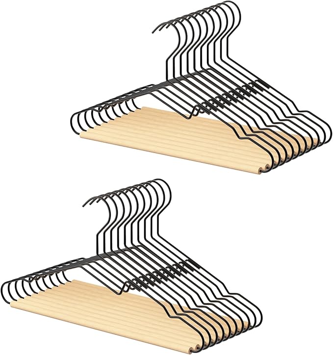 StorageWorks Wire Hangers with Wooden Bar, Heavy Duty Metal Hanger for Pants, Coats, Shirts, Jackets and Suits, 20 Pack
