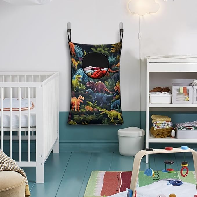 ZFRXIGN Dinosaur Hanging Hamper Laundry Bag Vintage Floral Laundry Baskets Over Door Laundry Hamper Space Saving Storage Organizers Colorful Dirty Clothes Hampers Reusable