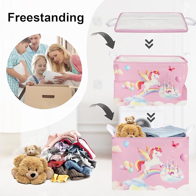 Unicorn Laundry Hamper Large Storage Basket Rainbow Clouds Collapsible Parents Organizer Kids Toy Clothes Bins for Bedroom, Bathroom, Rainbow, 36L