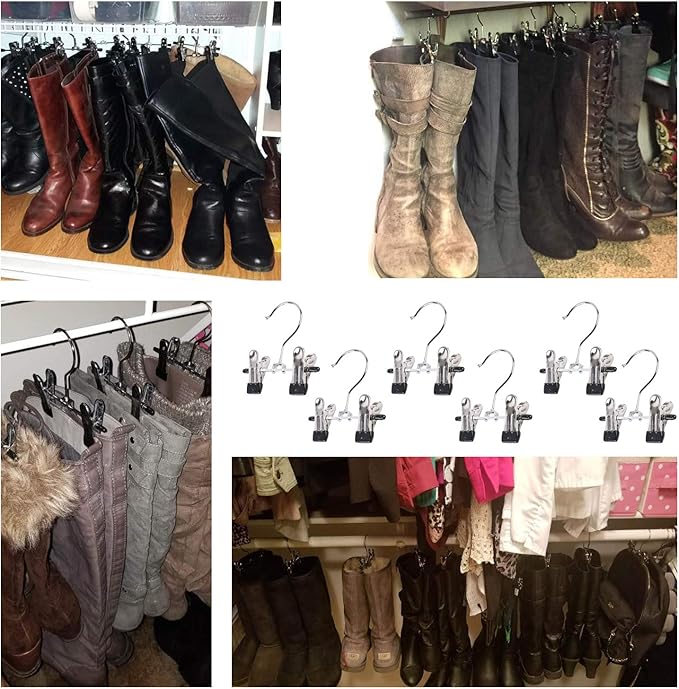 Double Adjustable Clips Boots Hangers,Space Saving Boots Socks Bags Hanging Clips Boot Holder Boot Organizer,Set of 6