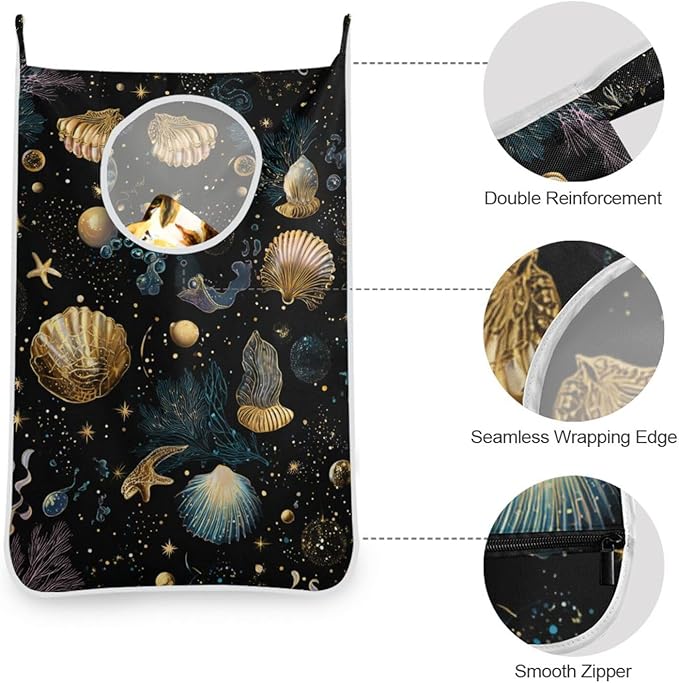 Shell Starfish Black Hanging Laundry Hamper Door Hampers Bag Basket with Stainless Steel Hooks Oxford Fabric Printing Decorative Clothes Bags 29.5X20inch 2Pack