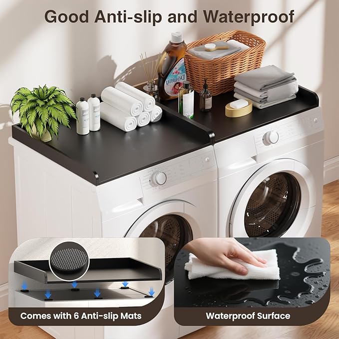 Washer Dryer Countertop Set of 2, 54.34" L x 27.56" W x 2.76" H Wood Washer and Dryer Countertop, Laundry Topper with Anti-Slip Pads & Edge Rails for Laundry Room Organization (Black)