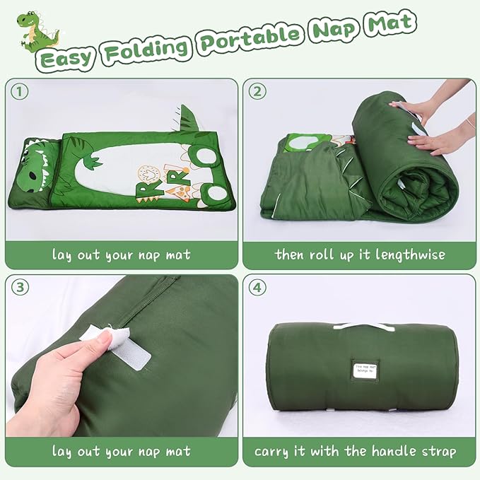 Dinosaur Toddler Nap Mat with Removable Pillow and Blanket Kids Sleeping Bag with Pillow Reinforced Stitching Machine-Washable, Soft Nap Mats for Daycare, Travel, Camping 53"x21"