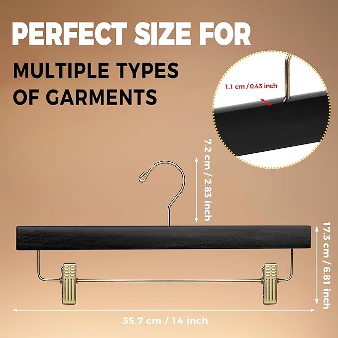 Quality Hangers Wooden Pants Hangers - Multi-Pack Swivel Hook Cloth Hanger Set - Lotus Wood Skirt, Pant, Shorts and Slack Hangers with Adjustable Clip – Clothing Hanger Set (120, Black - Gold Hook)