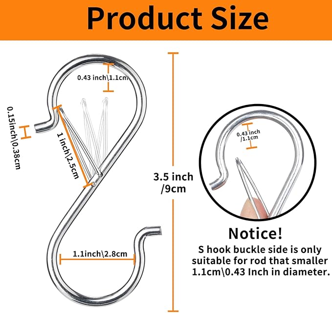 24 PCS S Hooks for Hanging with Safety Buckle, 3.5 inch Heavy Duty Metal S Shaped Hooks for Kitchen Utensil, Cups, Pots, Plants, Bags, Hats (Silver)