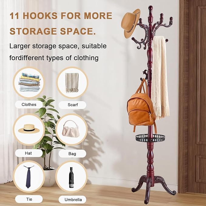 Solid Wood Coat Rack, Free Standing Hall Coat Tree with 14 Hooks, 3 Height Options, 300lbs Load, Stury Base, Clothes Rack for Entryway, Hallway, Bedroom (Tri-legged Base - H12 Rosewood)