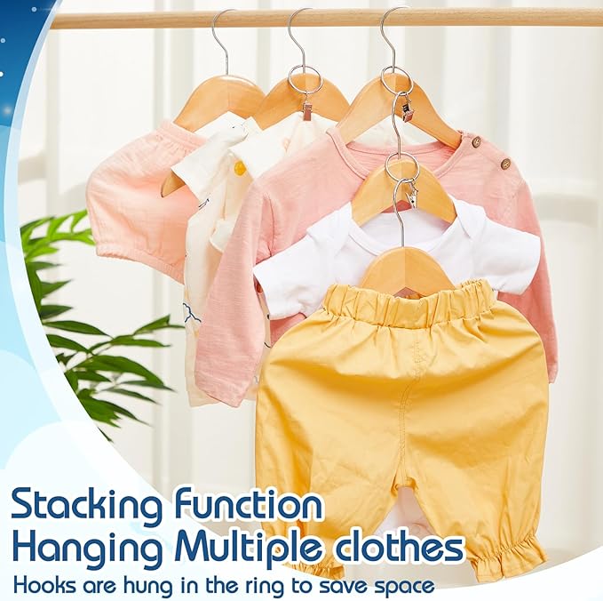 20 Pcs Wooden Baby Clothes Hangers with 20 Pcs Metal Ring Clips 12.6" Wooden Shirt Coat Hangers with Notches and Anti Rust 360 Swivel Chrome Hook for Kids Children Toddler Clothes