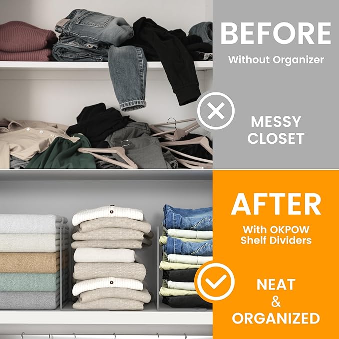OKPOW Shelf Dividers for Closet Organizer: 12 Inch Tall Acrylic Clear Closets Organization Storage for Sweater Clothes Bag Purse Towel - 12 Pack Adjustable Plastic Vertical Separators for Wood Cabinet
