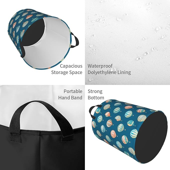 Cute Hot Air Balloons Round Laundry Hamper Storage Basket Toys Clothes Organizer Bin For Home Bathroom Bedroom Dorm Nursery, 38l