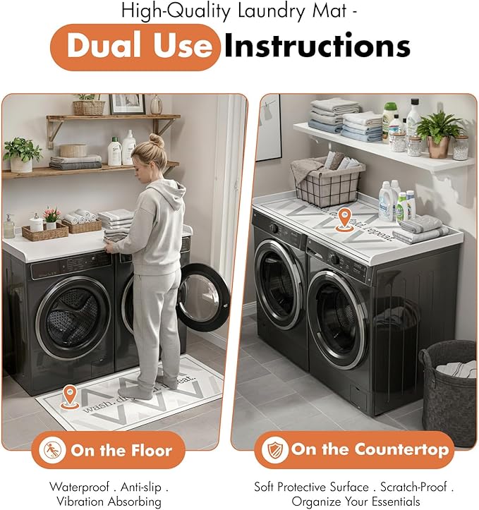 Premium Washer Dryer Countertop with Anti-Slip Pad, 54inch Laundry Room Organization Set, Stackable Storage Solution with Silicone Ironing Mat, Diatomite Mat(White)