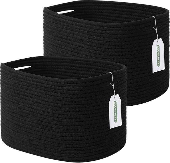 Cotton Rope Storage Basket, 15x10x9 Inches, Woven Basket for Shelves, Clothes, Towels, Books, and Laundry, Black (2 Pack)