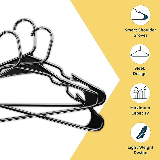 Lifemaster Plastic Clothes Hanger Set - 50 Pieces Versatile, Lightweight, Space-Saving, Non-Slip, Slim Designed, Dry and Wet Clothes Hanger Set - Black