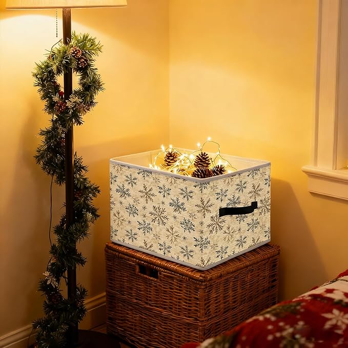 Vintage Winter Snowflake Neutral Christmas Storage Bins, Rustic Holiday Winter Christmas Foldable Closet Organizers Storage Basket Toybox for Clothes Bed Sheets Blankets Toys