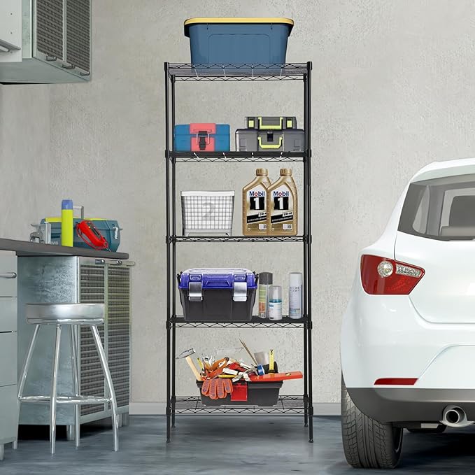 Storage Shelves Heavy Duty Metal Shelving Unit with Leveling Feet, 5 Tier Adjustable Garage Storage Rack, 750 LBS, Utility Metal Shelves for Pantry Kitchen Office (Black, 24" L x 14" W x60" H)