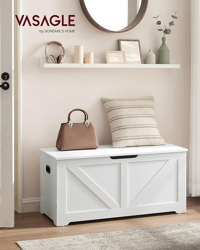 VASAGLE Storage Chest, Storage Trunk with 2 Safety Hinges, Storage Bench, Shoe Bench, Farmhouse Style, 15.7 x 39.4 x 18.1 Inches, for Entryway, Bedroom, Living Room, Cloud White ULSB060T14