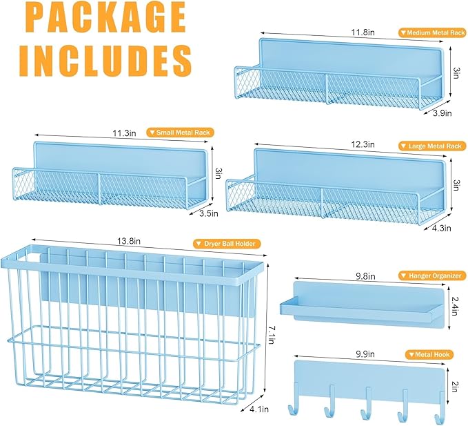 6-Pack Magnetic Shelves for Washing Machine & Refrigerator, Heavy-Duty Laundry Organizer with Hanger Holder & Deep Baskets, Metal Storage System for Laundry Room (Blue)