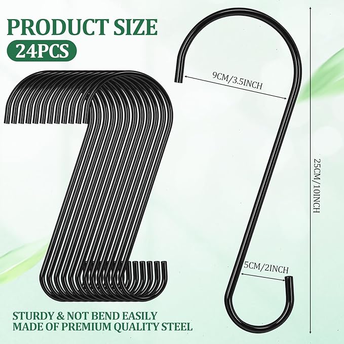 24 Pack 10 Inch Medium S Hooks for Hanging Plants & Closet Organization, Black Vinyl Coated Metal Hangers for Jeans Purses Towels Bird Feeders Heavy Duty Utility Metal Hooks