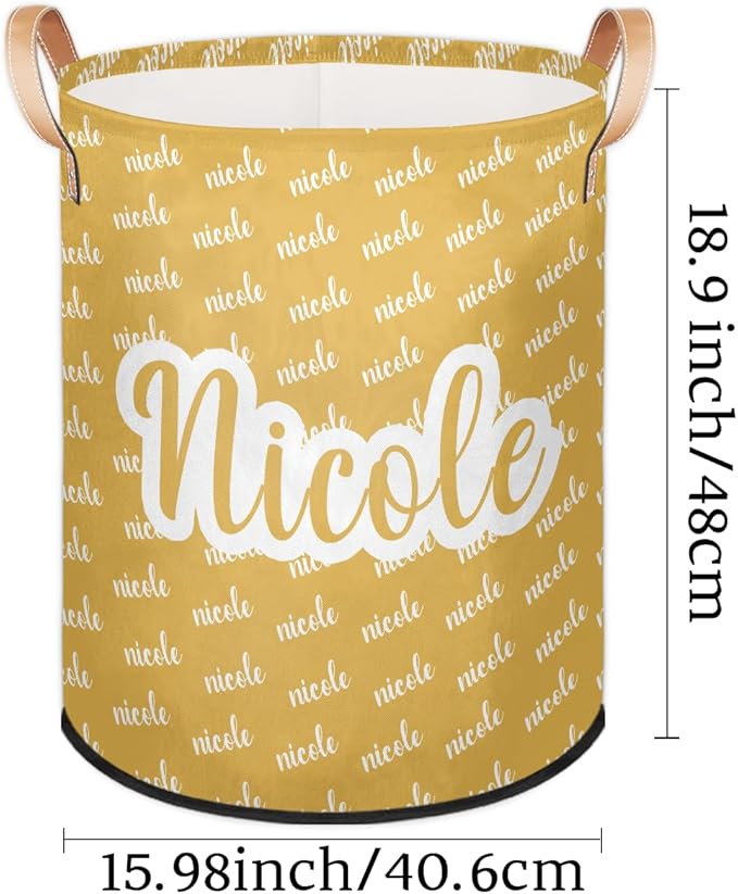Custom Name Laundry-Hamper, Personalized Yellow Kids-Clothes-Hamper Foldable with Name, Customized Storage Basket with Handles Waterproof Gift for Boys Girls Baby Women