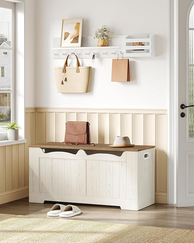 39.4" Storage Chest, Storage Bench Trunk with 2 Hinge, Wooden Box, Lift-Top Chest Organizer, Shoe Bench for Entryway, Bedroom, Living Room, White and Brown SB01014B