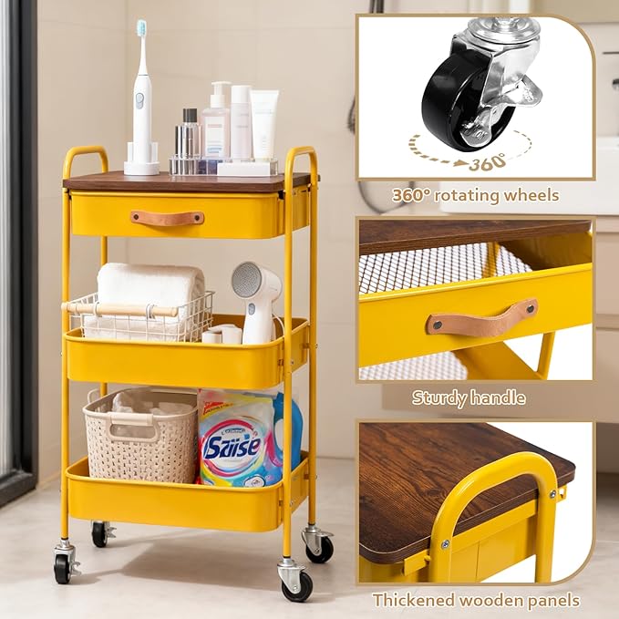 AGTEK Rolling Cart with Drawer, 3 Tier Movable Metal Utility Organizer with Wooden Board, Mobile Trolley Cart for Home & Office, Yellow