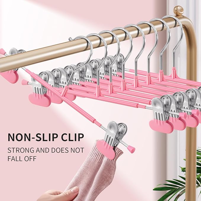 HUADYMEET 20 Pack 14Inch Pants Hangers with Wide Clips,Metal Trouser Hanger for Jeans.Space Saving Skirt Hangers Heavy Duty Non-Slip Adjustable Clothes Shorts Hanger for Women,Men,Pink