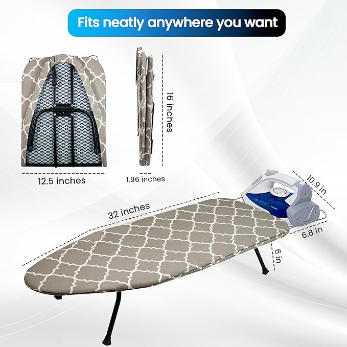 Metal Mesh Panel Tabletop Ironing Board | Foldable Iron Board | Heavy Duty Small Iron Board with Heat Resistant Cover and 100% Cotton 8mm Thicken Pad (Mesh)