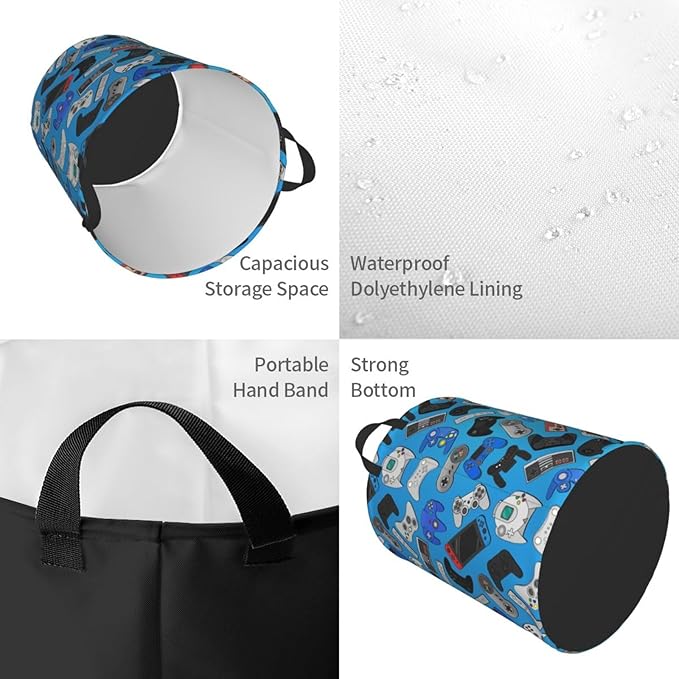 Video Game Controller Background Round Laundry Hamper Gaming Theme Game Joysticks Storage Basket Toys Clothes Organizer Bin For Home Bathroom Bedroom Dorm Nursery, 38l