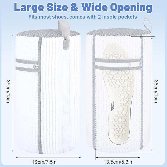 2 PCS Shoe Washing Machine Bag, Reusable L-shaped Zipper Laundry Shoe Bag for Washing Machine with Insoles Mesh Pocket for Washer and Dryer, Shoe Cleaning Bags for Sneaker Tennis Shoes