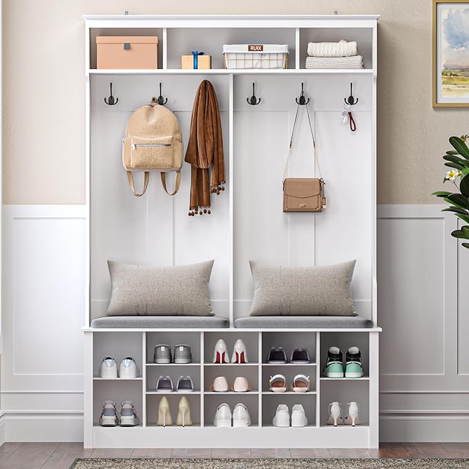 Hall Tree with Bench and Shoe Storage, 53" Farmhouse 4-in-1 Mudroom Storage Organizer with Coat Rack, 6 Hooks, 12 Shoe Cubbies, Adjustable Shelf, for Entryway, Hallway, Living Room, White