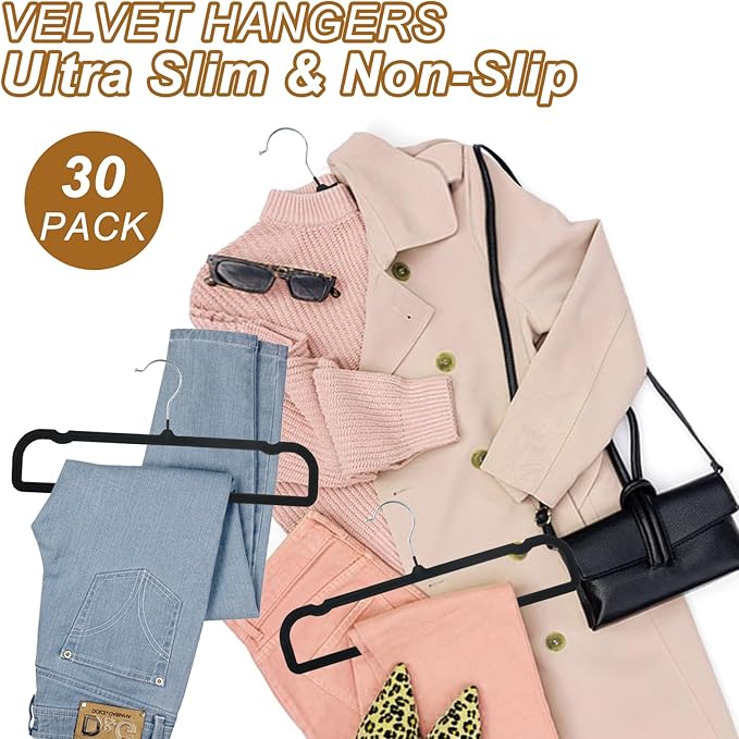 Velvet Pants Hangers Non Slip, 30 Pack Velvet Hangers for Closet with Porous Hooks, Strong Durable Space Saving Slim Clothes Hanger, Ultra Thin Flocked Hanger for Pants/Shirts/Bra/Shorts (Black)