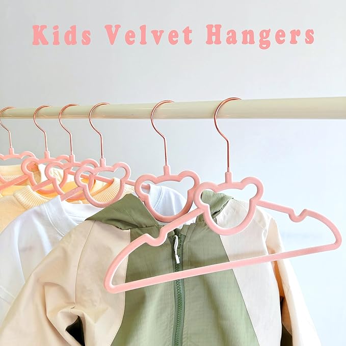 60 Pack Pink Velvet Kids Clothes Hangers - 12.6in for Ages 4-10, with Cute Bear, Rotating Rose Gold Hook, Non-Slip, Space-Saving Slim Felt Hangers for Toddler Coats, Jackets, Dresses