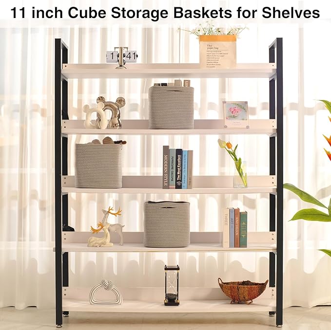 11 Inch Cube Storage Bins, 11x11 Organizer Bins for Cube Organizer, Square Cloth Storage Cubes, Woven Storage Baskets for Shelves, Toy Rope Baskets Storage Kids, Grey (Pack of 3)