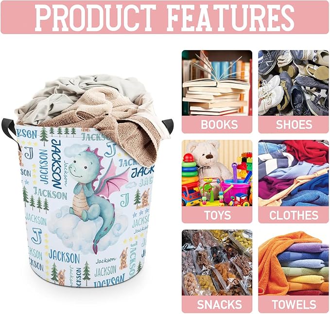 Dragon Laundry Basket,Custom Laundry Hamper with Name,Personalized Dragon Gifts for Boys Girls,Customize Collapsible Laundry Basket for Bedroom Bathroom,S-16.5"x 13.8"