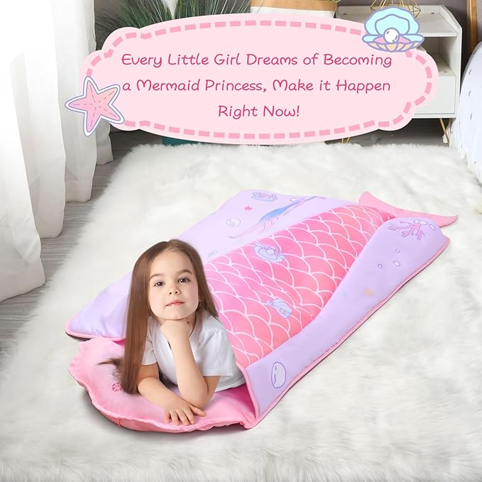 Mermaid Nap Mats for Preschool with Removable Pillow and Blanket Kids Sleeping Bag with Pillow Reinforced Stitching Machine-Washable, Soft Nap Mats for Daycare, Travel, Camping 53"x21"