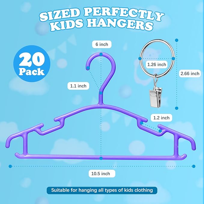Baby Hangers with Metal Ring Clips, Children Plastic Hanger for Kids Pants Clothes Closet, 20 Pack, Purple