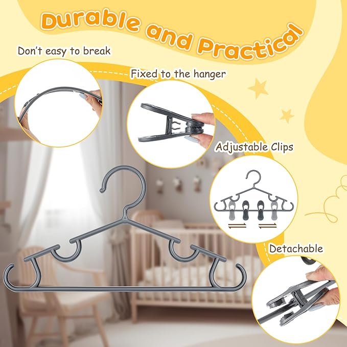 Hsei 5/10/40 Pack Baby Hangers with 10/20/80 Clips, Plastic Kids Pants Hangers for Nursery Closet Top and Bottom Clothes Hanger Set for Newborn Infant Toddler(60 Packs Total,Gray,10.6 Inch)