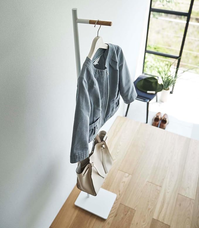 YAMAZAKI Home Tower Freestanding Modern Coat Hook Hanger For Entryway, Office, Or Bedroom With Wooden Accent, 63.98" - Steel + Wood