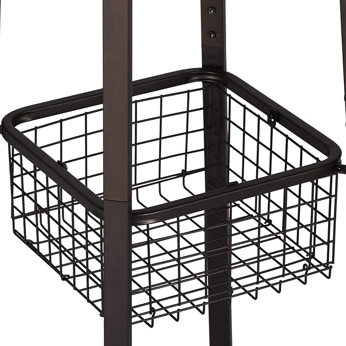 VECELO Industrial Coat Rack,Enterway Clothes Stand With 2 Tier Storage Shelves/Basket,Hall Trees with 8 Dual Hooks, Brown+Black