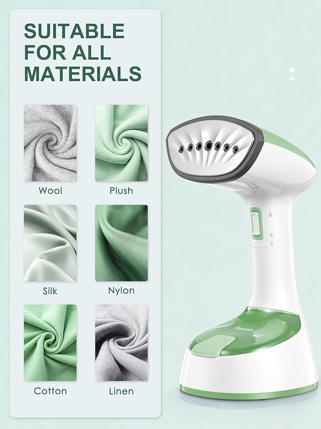 Reemix Steamer for Clothes, Folding Handheld Design Garment Wrinkles Remover, 20g/min Strong Penetrating Steam, 25-Sec Fast Heat-up, for Home, Office and Travel (Green)