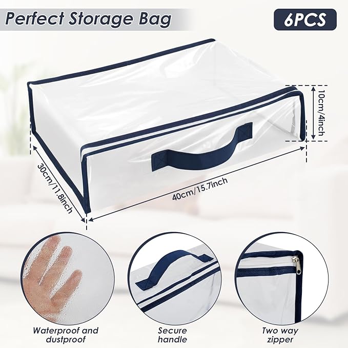 6 Packs Clear PVC Organizing Bags with Zipper Storage Bags Waterproof Dustproof Blankets Bed Sheet Storage Bag 15.7x11.8x3.9 Inch with Handle