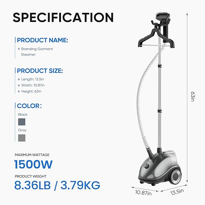 NEWBULIG Garment Steamer for Clothes Standing, 1500W Efficient Clothes Steamer Standing with Wheels, Professional 58OZ Water Tank for Continuous Steaming, Fast Heating Wrinkle Remover