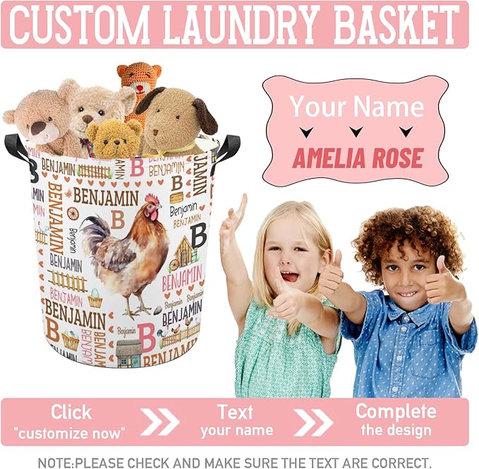 Chicken Laundry Basket,Custom Laundry Hamper with Name,Personalized Chicken Gifts for Boys Girls,Customize Collapsible Laundry Basket for Bedroom Bathroom,S-16.5"x 13.8"Chicken